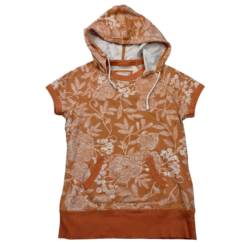 VTG Y2K Merona Orange Floral Short Sleeve Hoodie Cotton Pullover XS Coquette